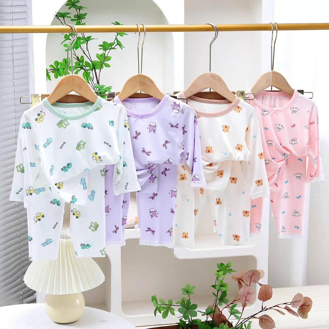 棉小其夏季儿童男宝女宝超薄空调服九分袖家居服薄款舒适睡衣套装