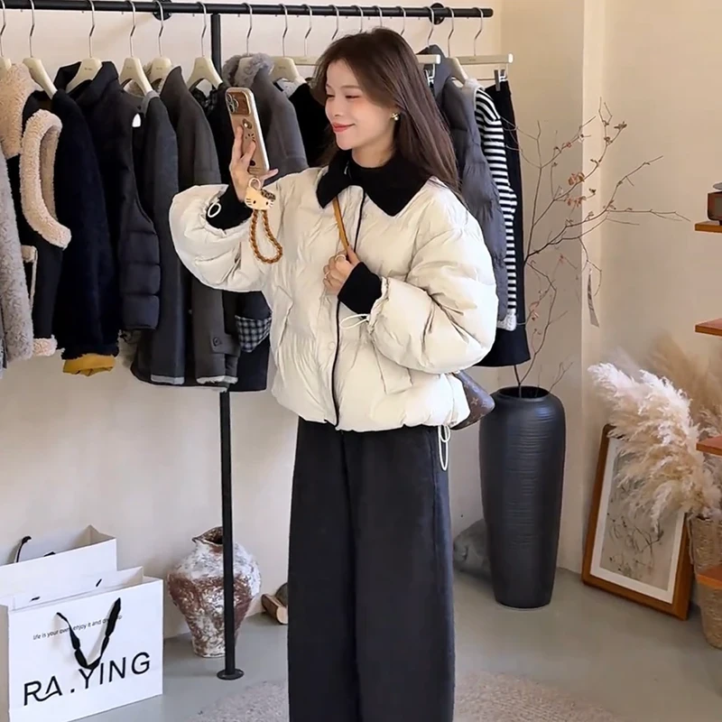 【元旦促销】2025冬季新款韩系设计感撞色针织翻领羽绒服女保暖白