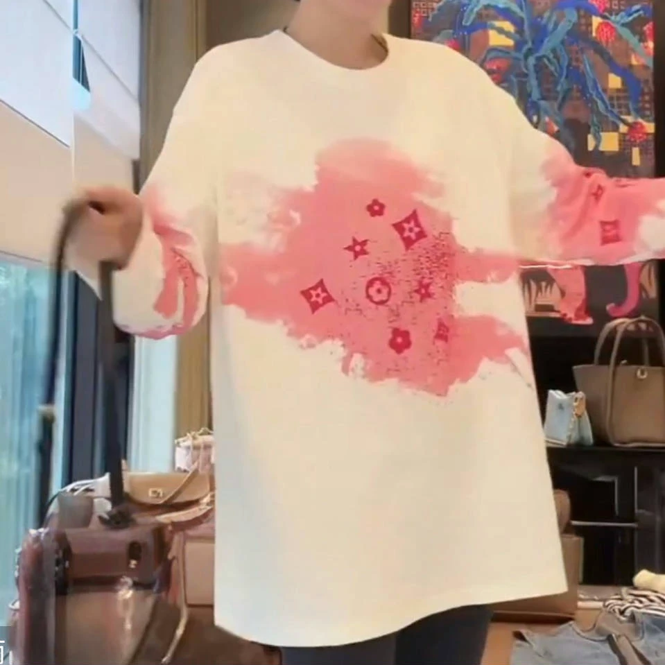 潮流前卫设计感印花圆领长袖T恤女2025春季新款百搭宽松大版上衣
