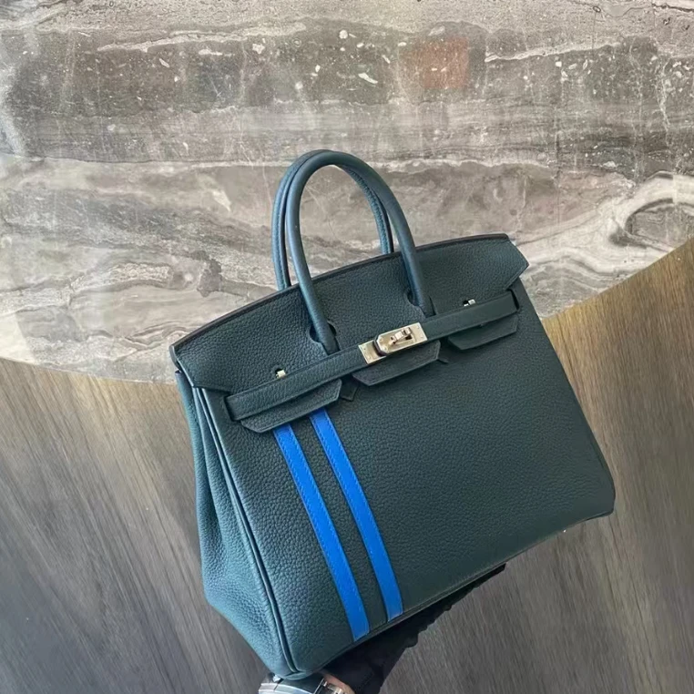 99新 Hermes/爱马仕 小花6枫Birkin 25 松柏绿拼琉璃蓝 C刻 银扣