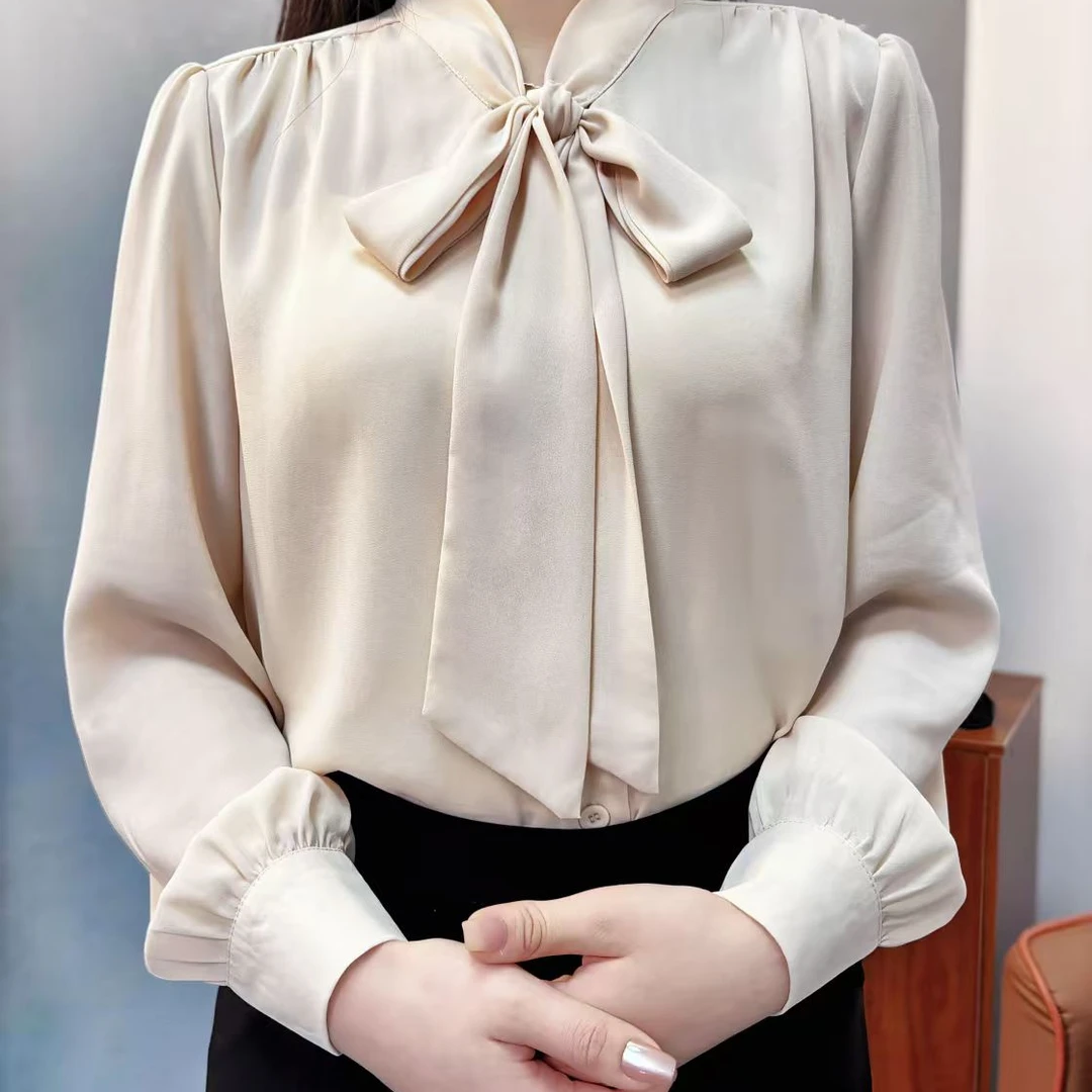 欧洲站2025法式气质蝴蝶结飘带女高级感缎面长袖上衣巨百搭衬衫