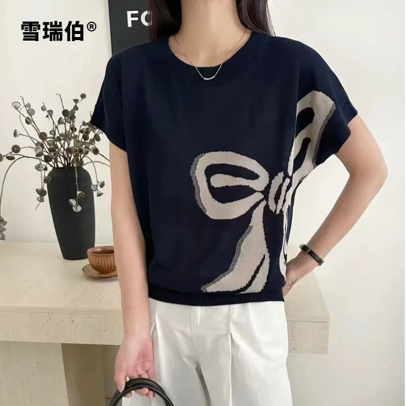 【更高级超薄款】蝴蝶结百搭夏季薄提花蝙蝠短袖女休闲T恤透气744