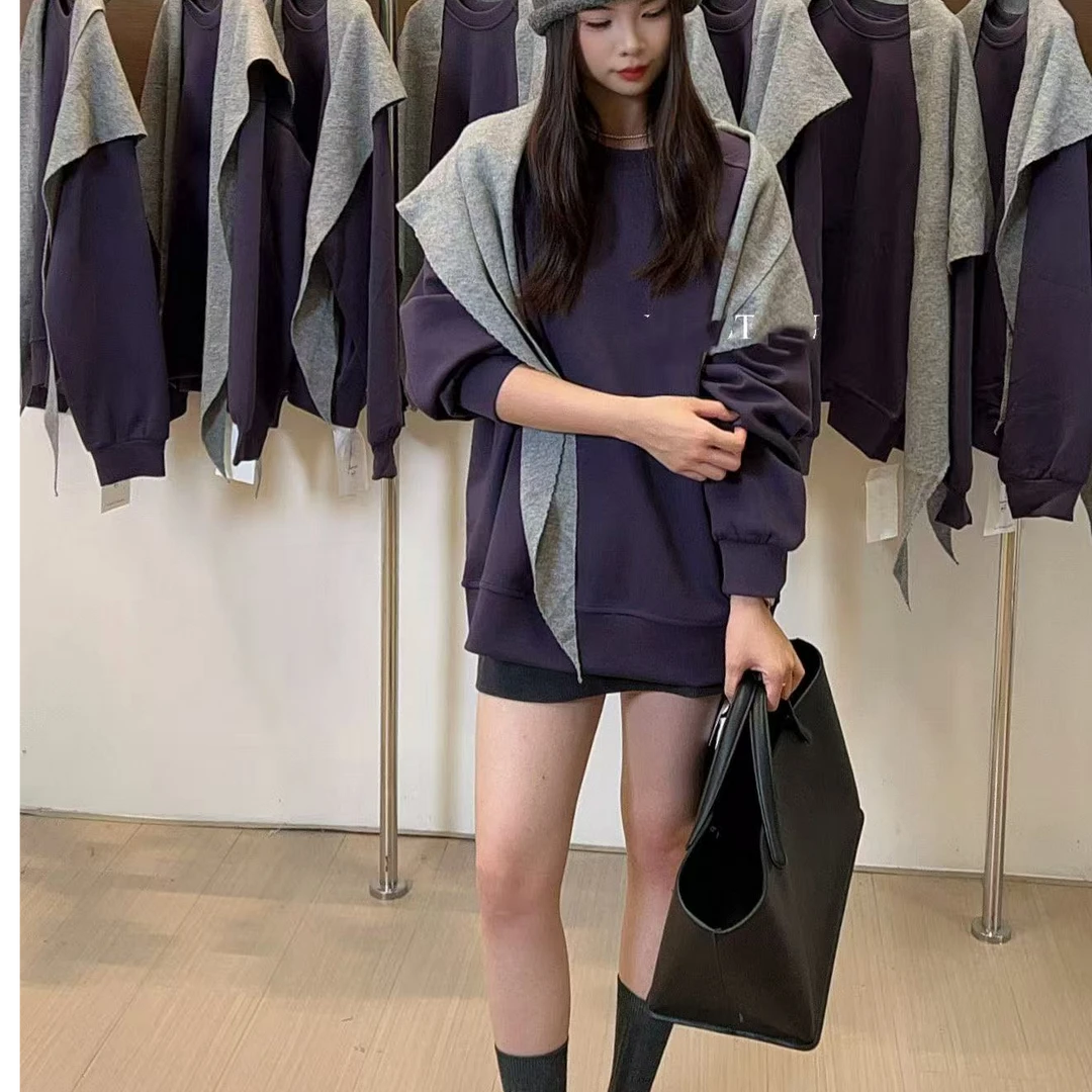 圆领拼接卫衣休闲INS风长袖女士秋冬纯色中长款