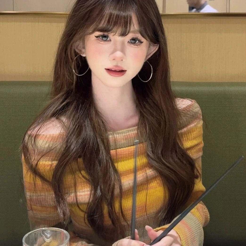 韩系撞色条纹一字肩长袖毛针织衫女2025秋季新款修身显瘦气质上衣