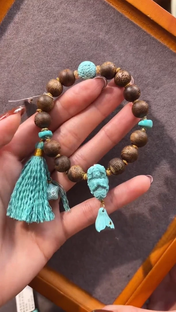 18K金镶嵌绿松石手链美人鱼圆珠手链