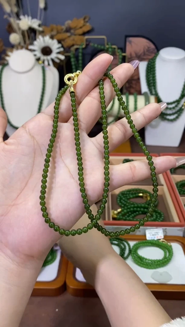 【闪购商品】和田玉（碧玉）颈饰未镶嵌4mm微黑菠菜毛衣链