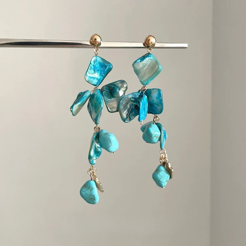 合金树脂耳饰 巨显白!孔雀蓝流苏耳环女耳坠海边度假风长款耳钉