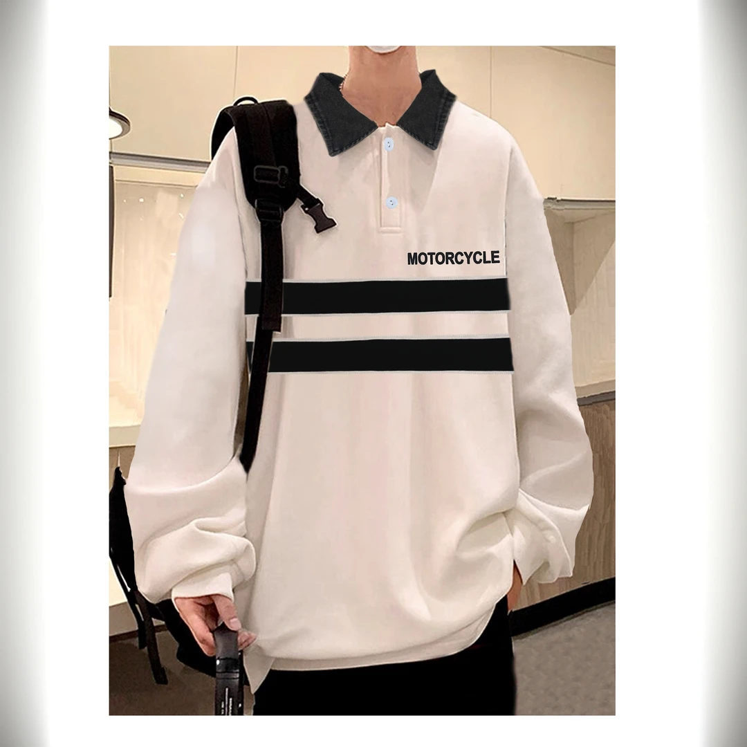 2025春款大童青少年牛仔领拼条POLO卫衣