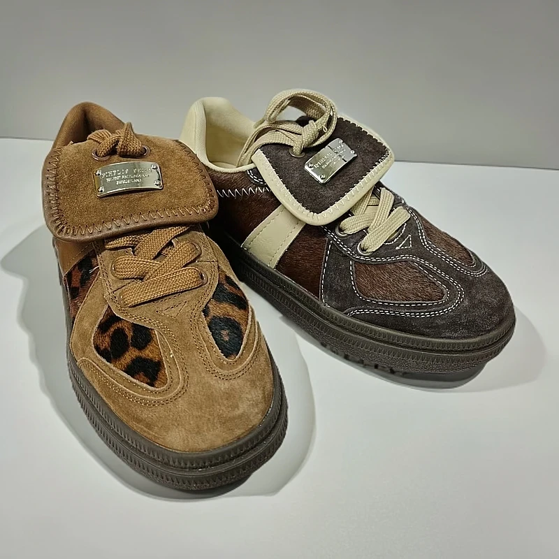 【大美家】春秋款复古真皮豹纹平底德训单鞋（379-9）