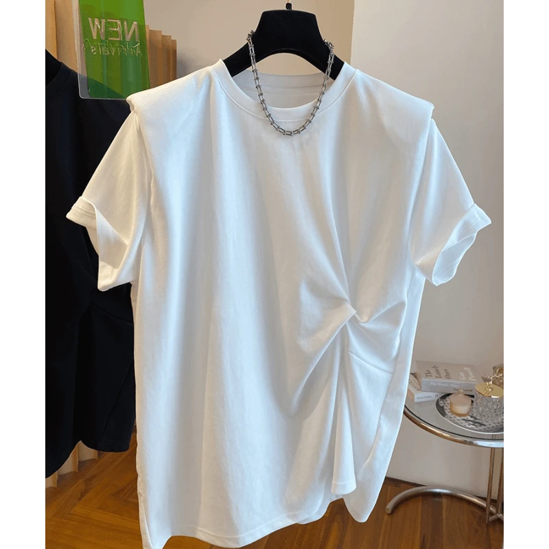 0310新款宽松扭结设计感t恤女短袖欧货大版棉布垫肩打底衫上衣夏