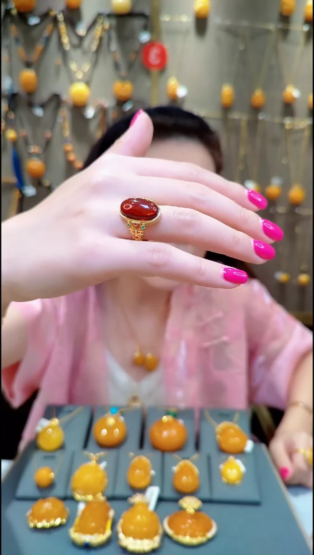 血珀银S925镀金镶嵌戒指﹣E739琥珀戒指