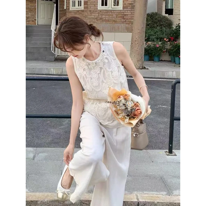 Y158526-法式原麻色蕾丝无袖上衣阔腿裤套装女高级感气质两件套