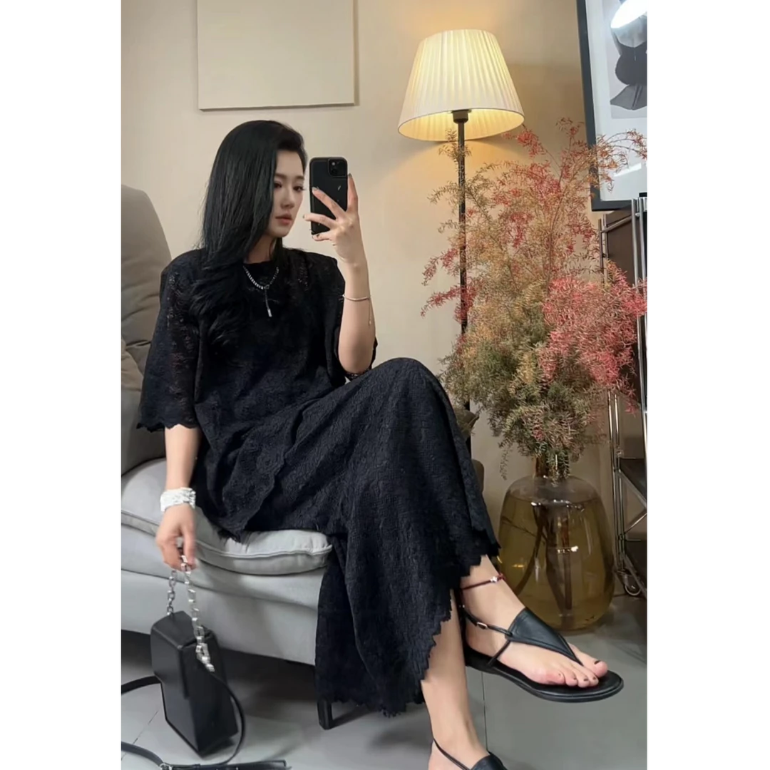 欧货时尚套装女夏季新款蕾丝提花短袖上衣高腰长裤高级感两件套潮