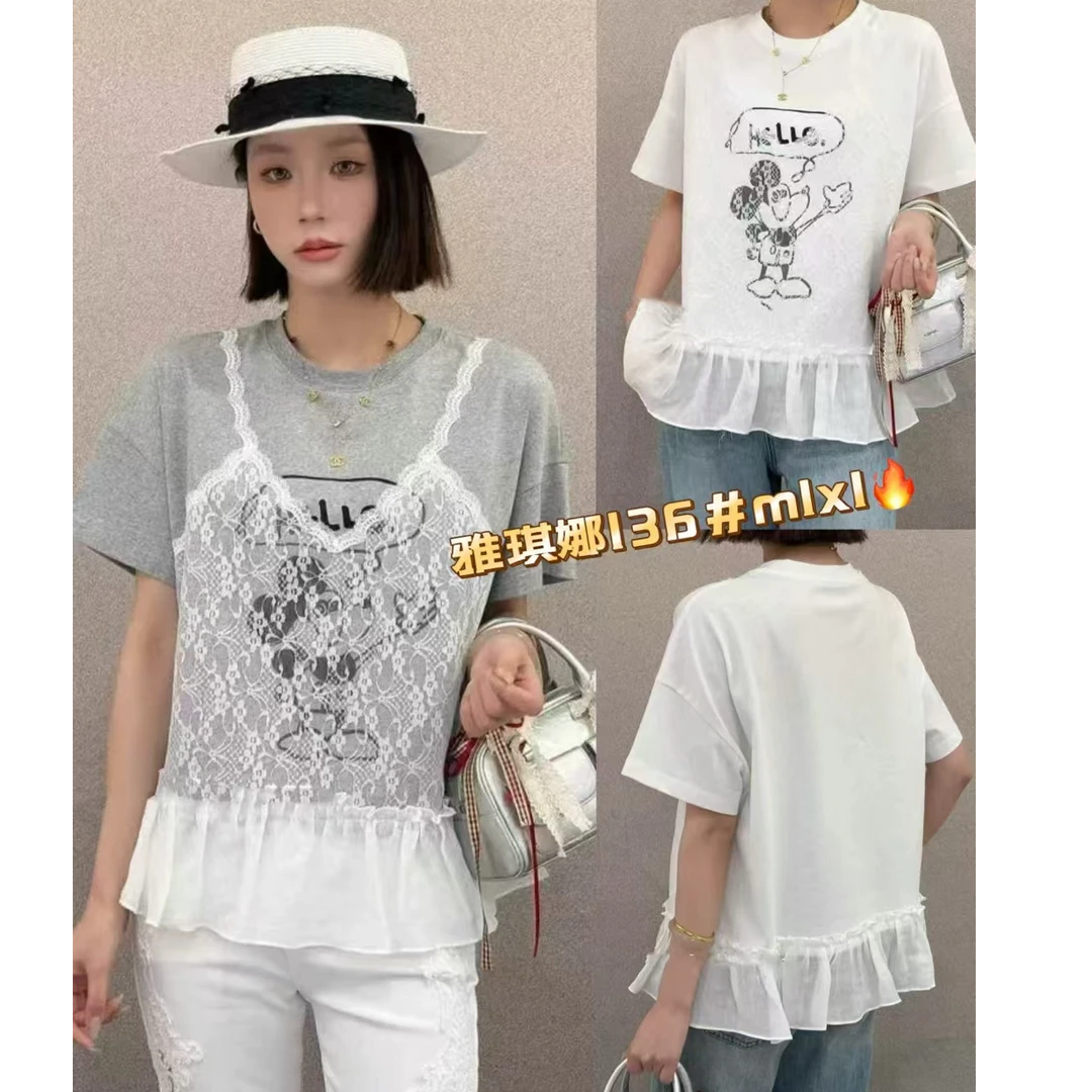 欧洲站夏季圆领米奇卡通蕾丝短袖T女