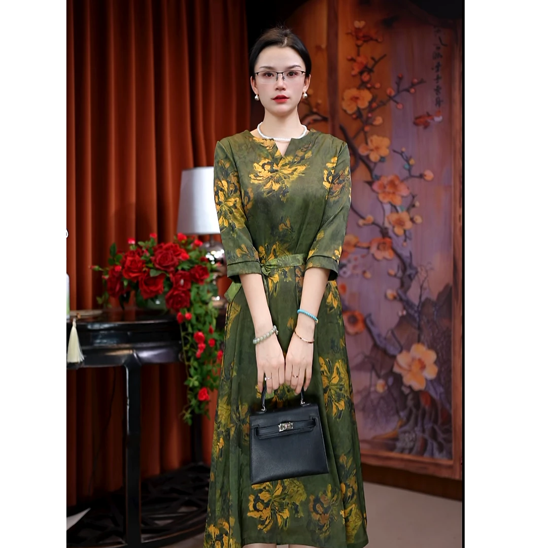 （金蕊）提花春季套头夏季连衣裙时尚唐装重磅优雅复古