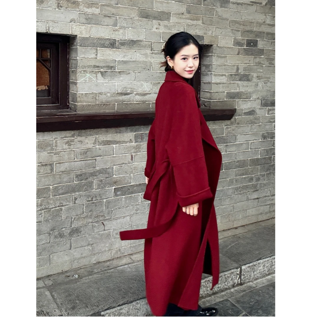 酒红色呢子大衣女中长款宽松穿搭西西里双面毛呢外套秋冬季赫本风