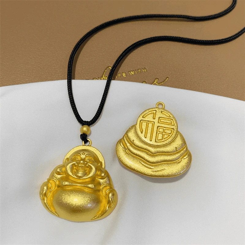 铜合金吊坠大肚弥勒佛笑脸佛毛衣链精美双面金色项坠金佛公轻奢
