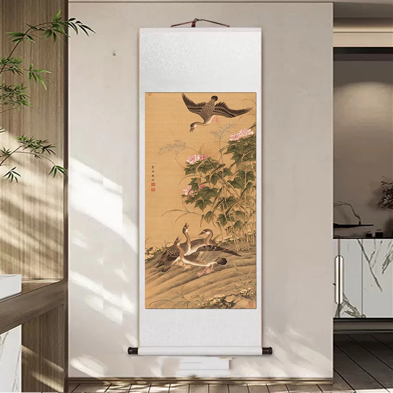明·丘鉴《芙蓉芦雁图》玄关装饰卷轴挂客厅办公室茶室国复刻|字画
