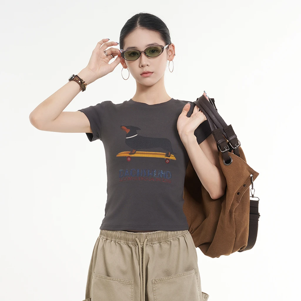 杨九七 夏季美式辣妹中性短袖街头运动休闲宽松印花腊肠狗T恤7570