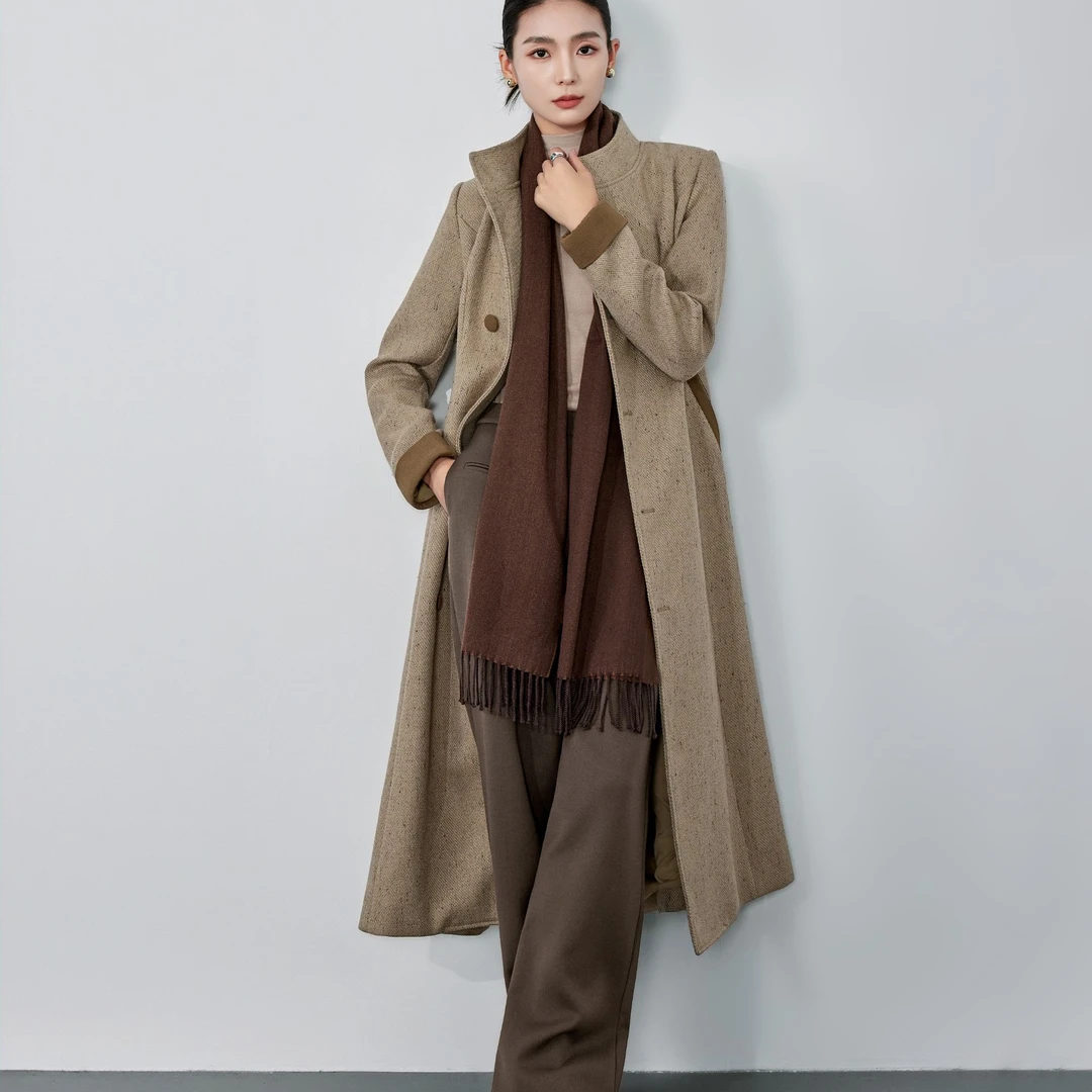 毛呢外套人字纹长款女百搭设计师冬季女士外搭韩版秋冬纯色0048