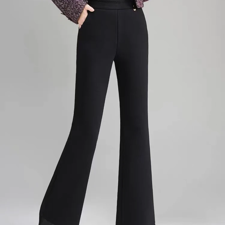 加绒弹力休闲冬裤女款秋冬外裤黑色微喇裤