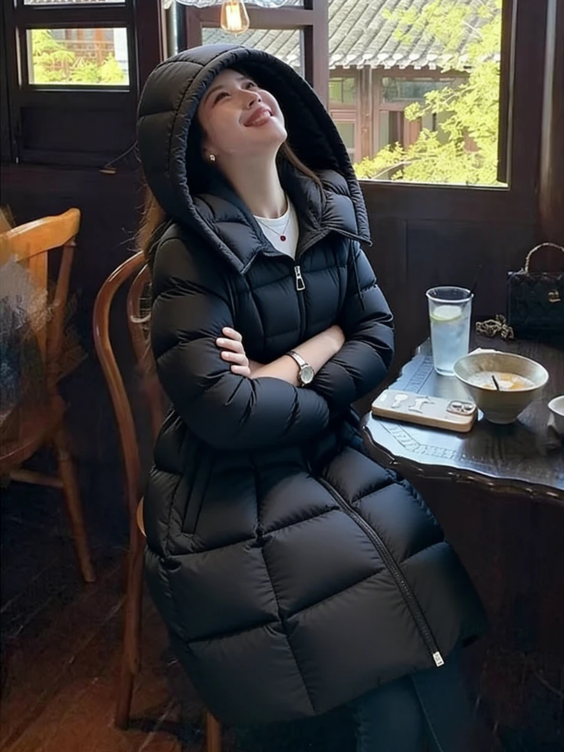 高级有质感黑色端庄修身时尚百搭方块棉服女冬新款收腰中长款外套