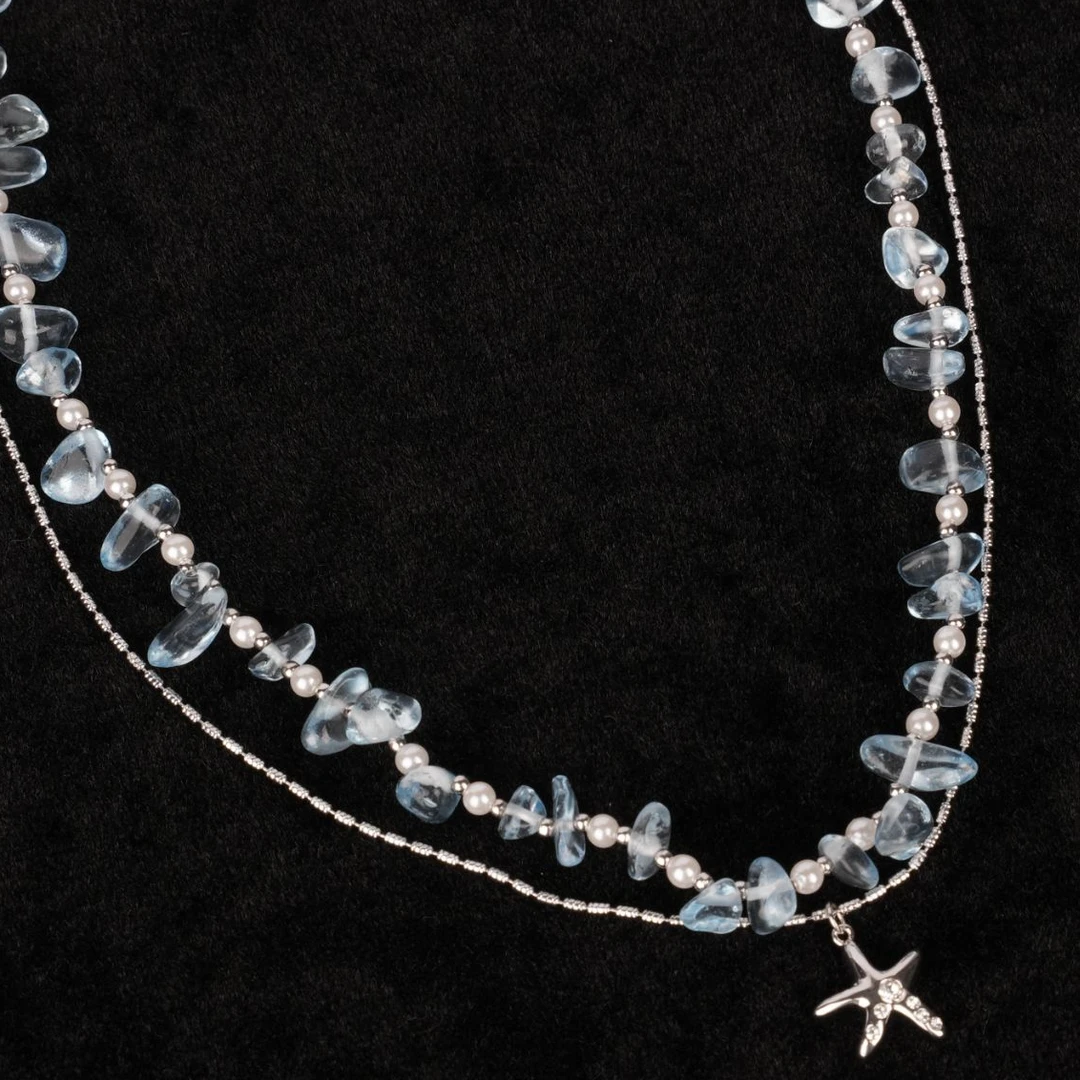 合金项链 浅蓝碎石珍珠双层项链仙女风锁骨链叠戴T