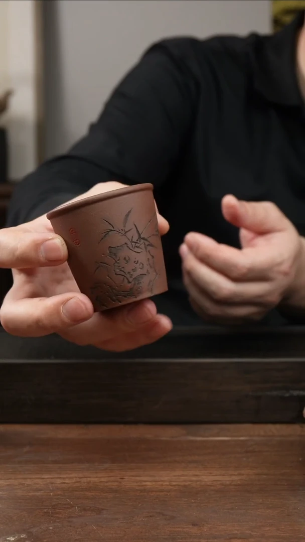 茶杯紫砂紫泥竹子刻绘  新款主人杯 ！