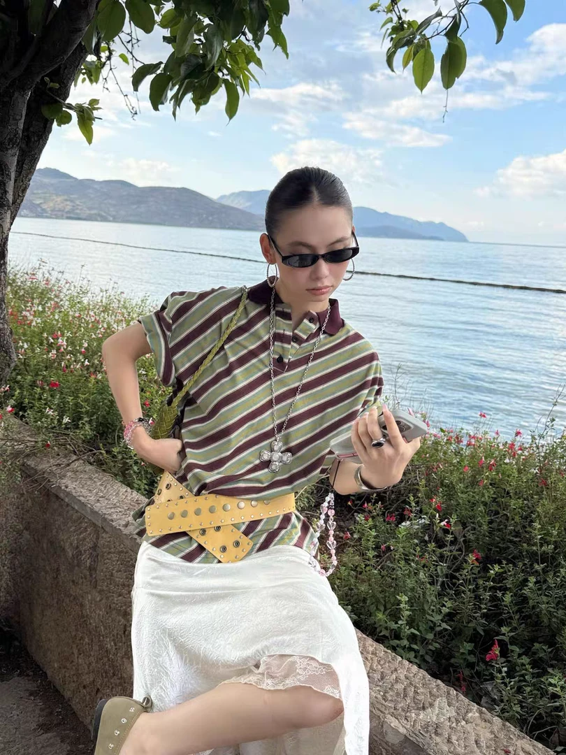 【奥莉】2025春夏：撞色斜纹翻领Polo美式休闲百搭短袖T恤219