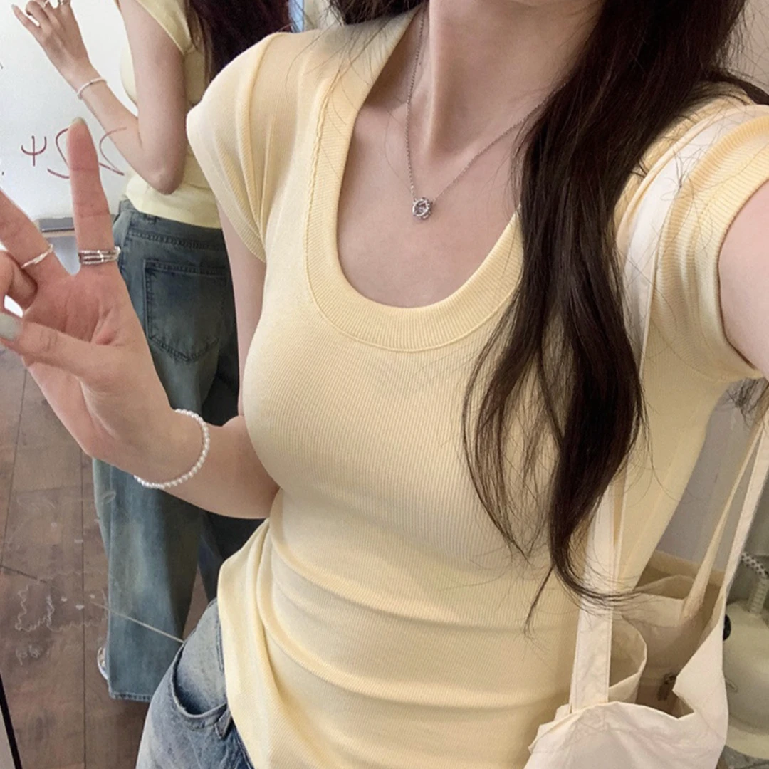 小众U领软糯针织短袖t恤女2025春夏新款设计感正肩修身显瘦上衣