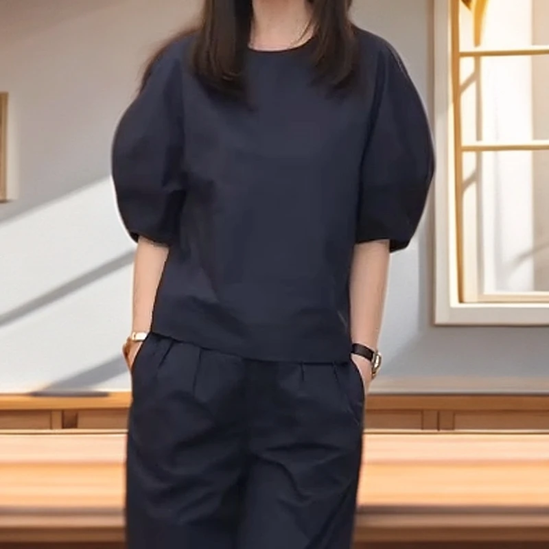 灯笼袖黑色休闲小衫2025夏季小众设计感气质圆领衬衫宽松上衣女