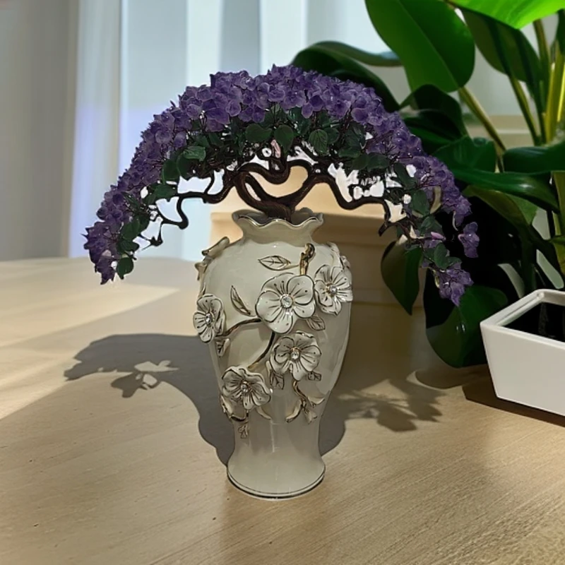 【卓越轻奢】富贵花紫水晶树摆件青瓶陶瓷迎客松摆件纯手工点缀精美