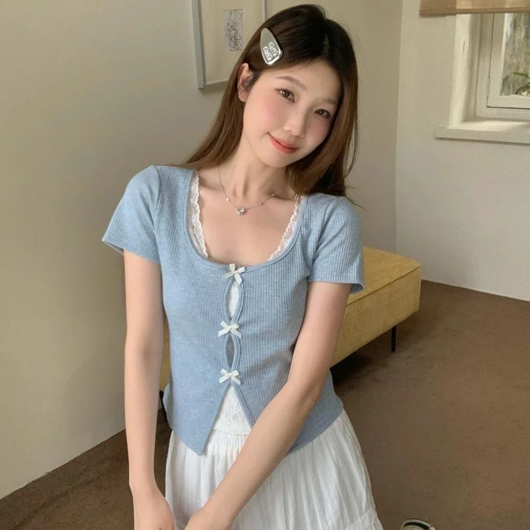 25121【衣长46】洋气衣服女T恤设计感蕾丝拼接短袖修身短款假两件