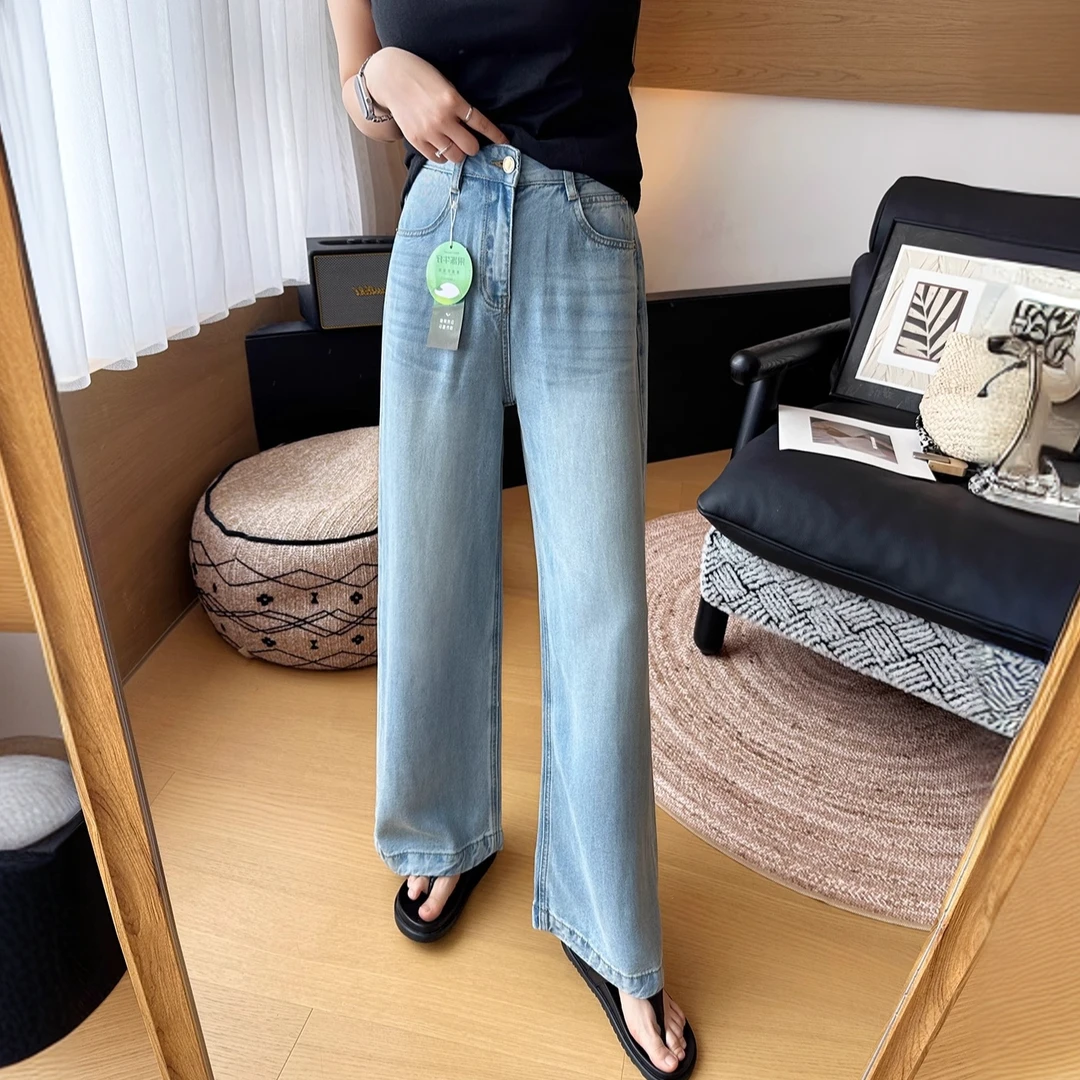 莱赛尔天丝直筒牛仔裤女2025夏季新款梨形身材宽松显瘦高腰阔腿裤