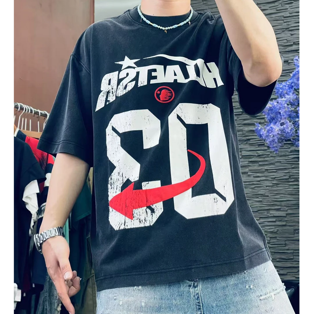 夏季圆领水洗宽松印花数字百搭个性时尚潮流短袖韩版男士T恤5083