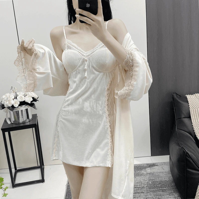 法式高定轻奢睡衣女2025纯欲新款性感睡裙蕾丝吊带露背丝绒家居服