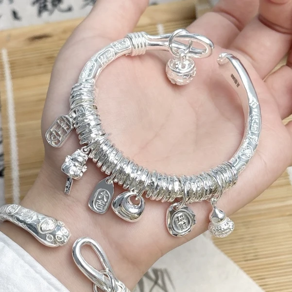 足银手镯 G贵姐实心银手镯408吉言猫爪盘缠手镯吊坠七夕节礼物