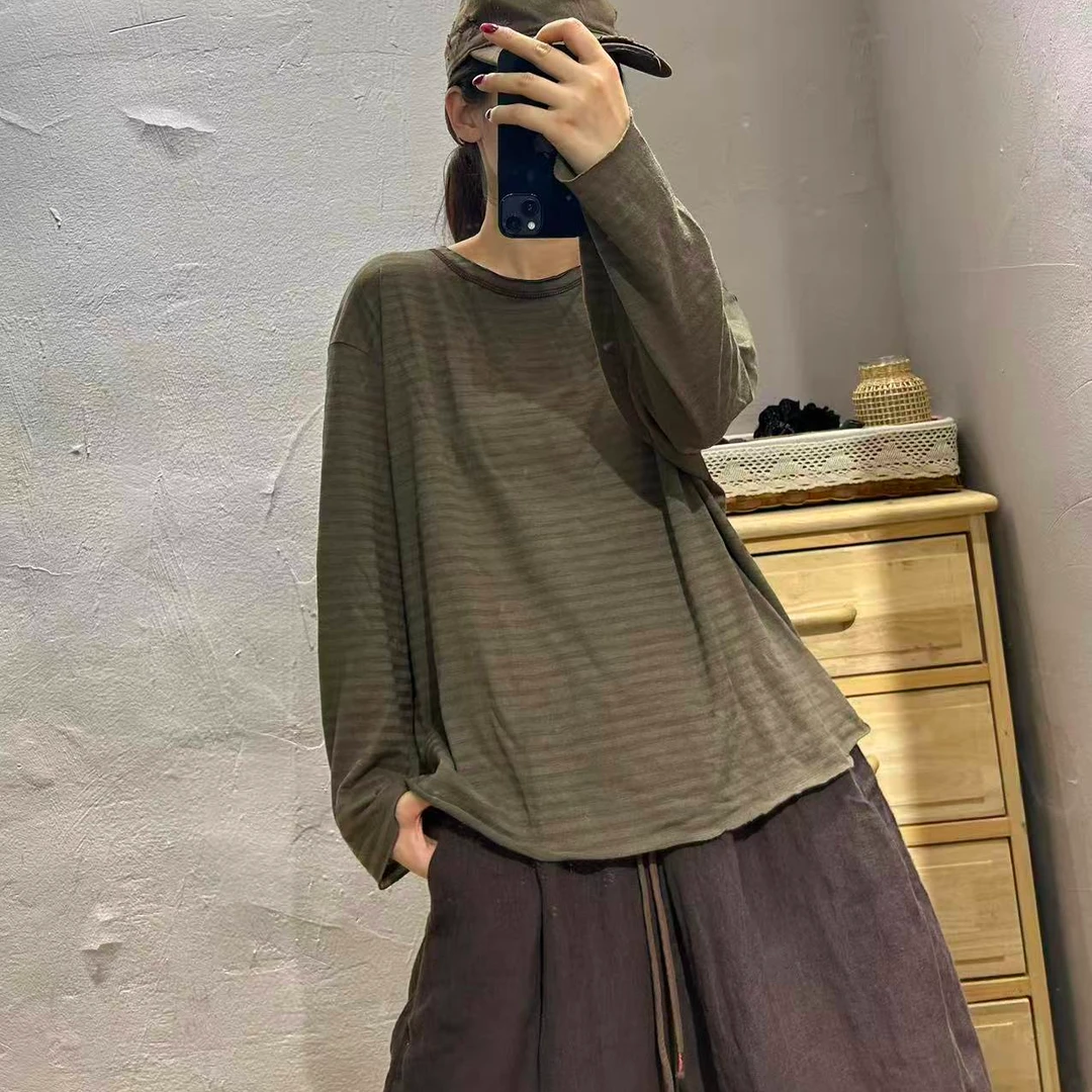 【半奏】秋季休闲百搭落肩条纹针织棉长袖T恤女 胸围130衣长60