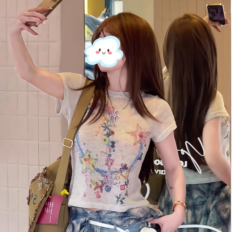 美式辣妹高级感涂鸦短袖t恤女夏季设计感小个子显瘦修身短款上衣