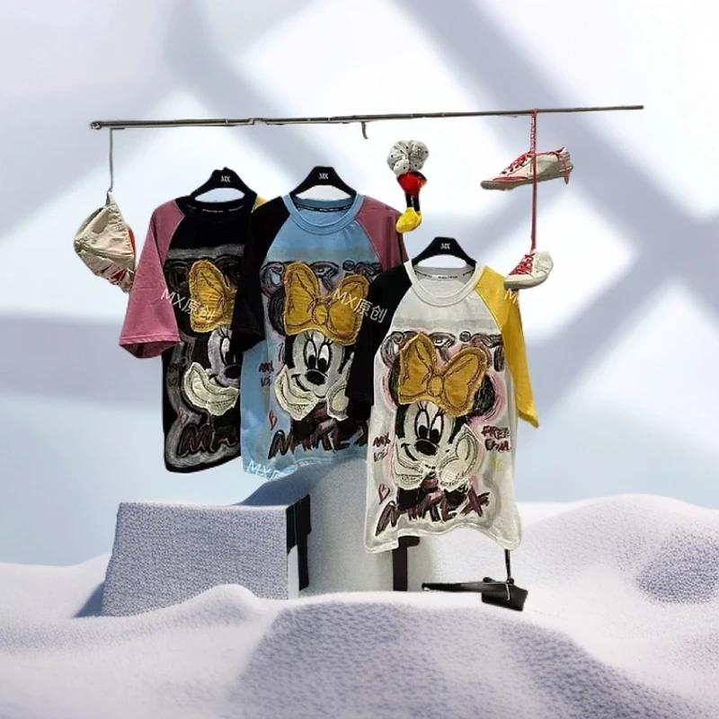 7936时尚百搭夏季宽松插件混色上衣纯棉休闲卡通动漫潮流圆领