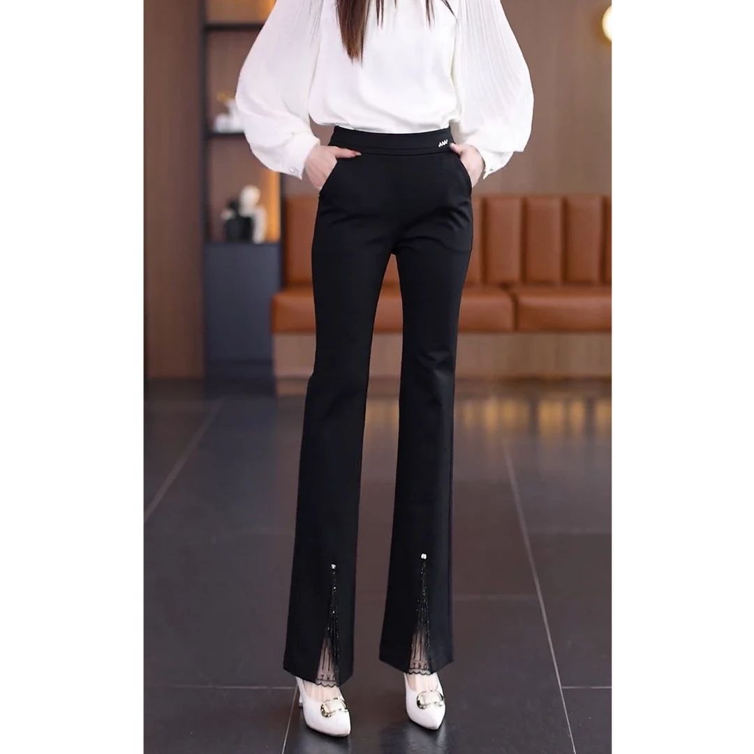 黑色微喇叭微喇裤春秋显瘦高腰时尚休闲外穿开叉修身春夏小个子