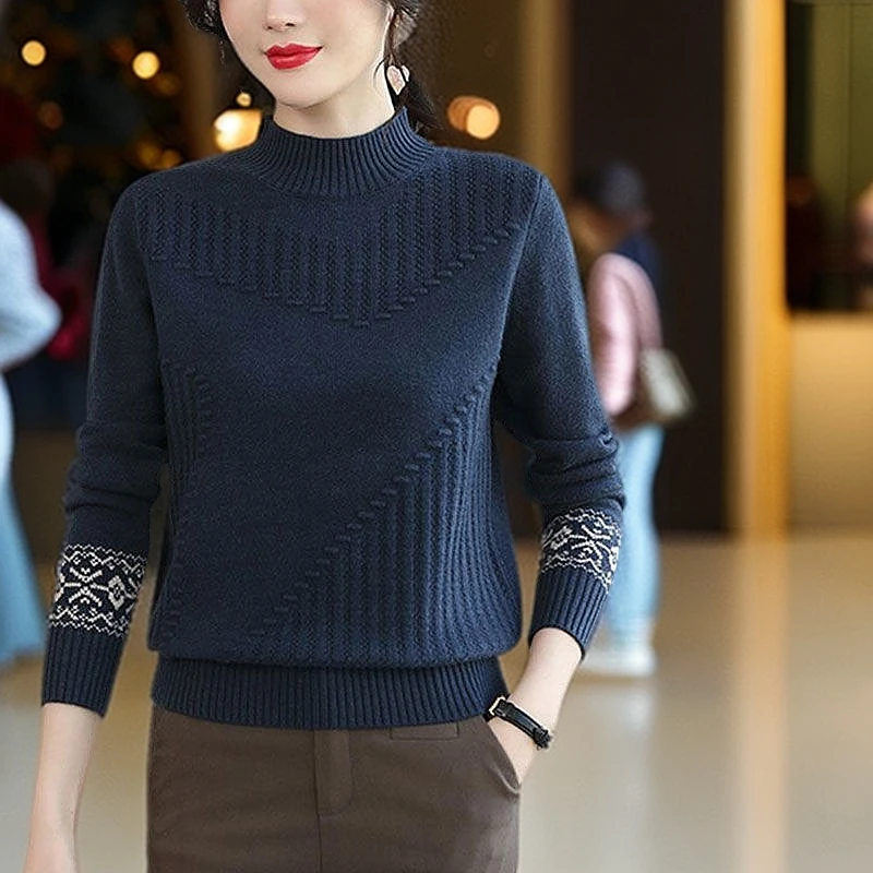 上海品牌羊毛衫女秋冬宽松半高领毛衣洋气妈妈打底衫外穿提花上衣