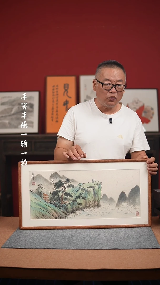 国画手绘-36*69实木框山水