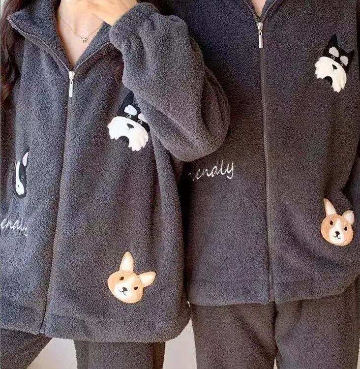 1061女士半边绒款小狗可爱情侣搭配长袖长裤拉链开衫家居服套装