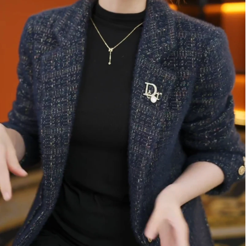 【送运费险】【送胸针】杭州原版正品2025秋冬高级 蓝金格纹外套女