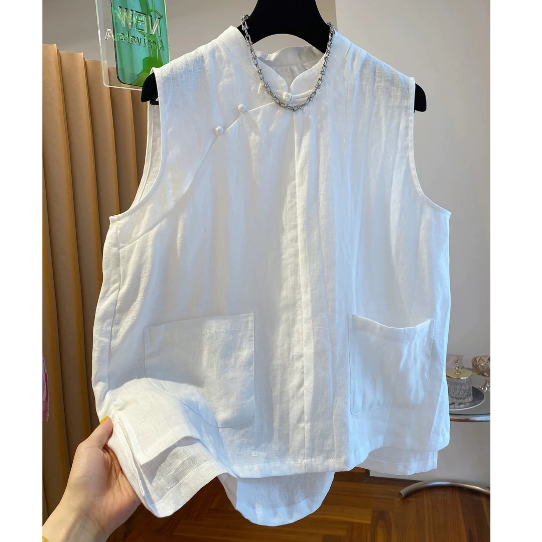 6216薄款常规新中式无袖立领成人衬衫纯色口袋国风衬衣