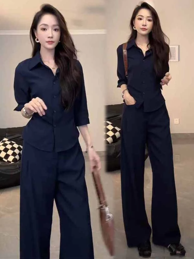 时尚套装女2025早秋新款时髦洋气设计感长袖衬衫阔腿裤气质两件套