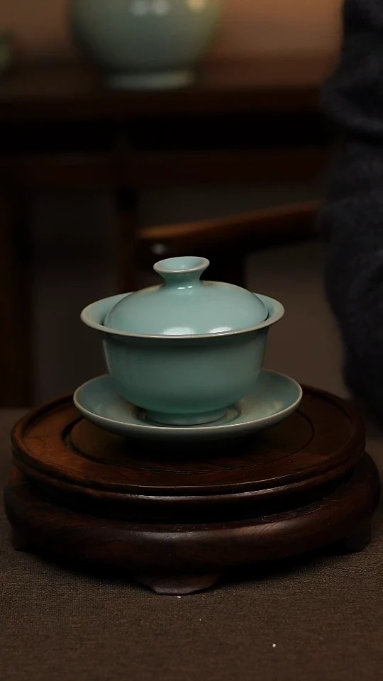 瓷片仿古釉全手工三才元宝盖碗150ml 一级礼盒包装