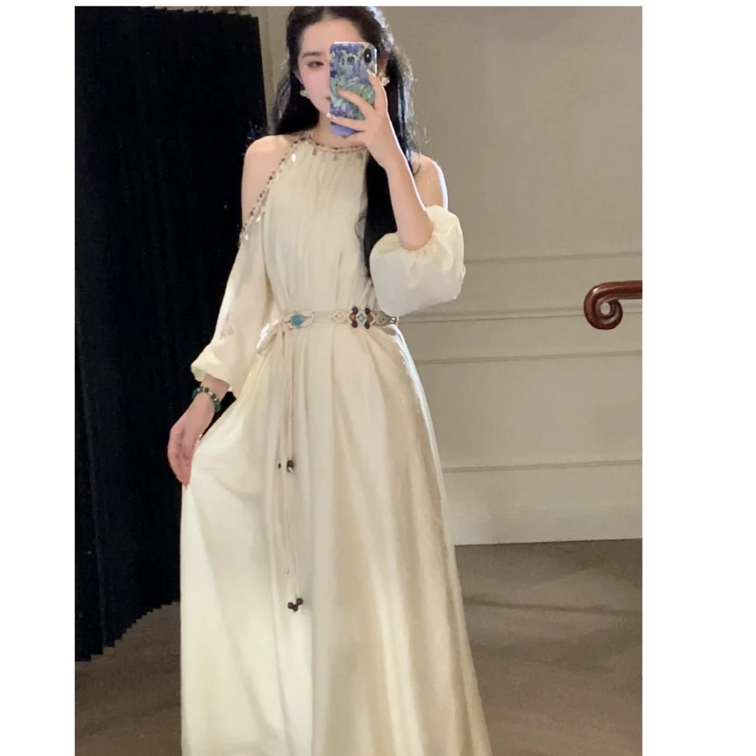 法式高级感复古贝壳花边挂脖连衣裙女波西米亚度假风气质仙女长裙