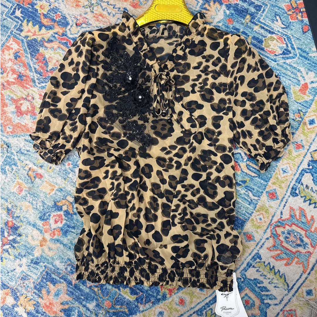 百搭夏季豹纹衬衫显瘦洋气印花夏装连衣裙衬衣 9934